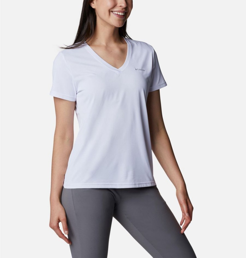 White Women's Columbia Hike Short Sleeve V-Neck T-Shirt | RQFGS-5830