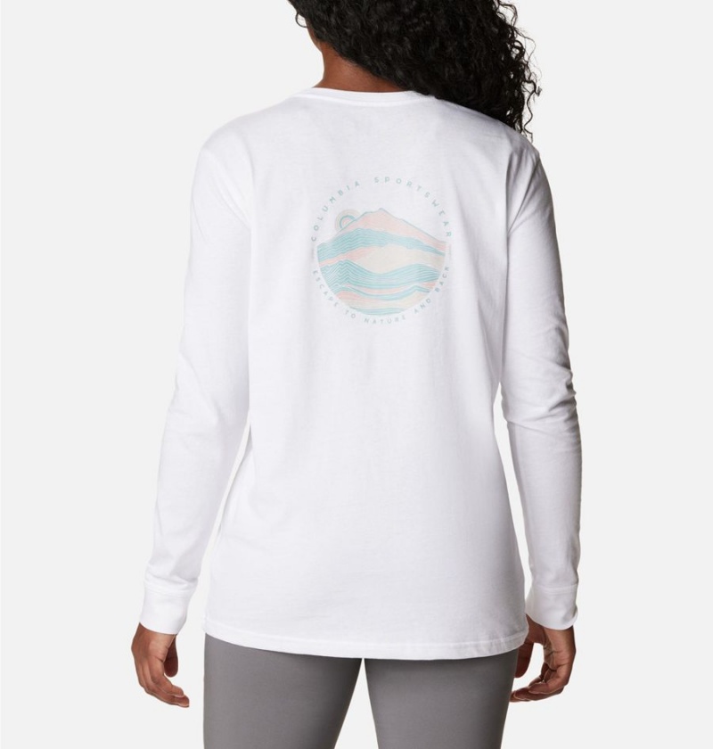 White Women\'s Columbia North Cascades Back Graphic Long Sleeve T-Shirt | DASXI-0127