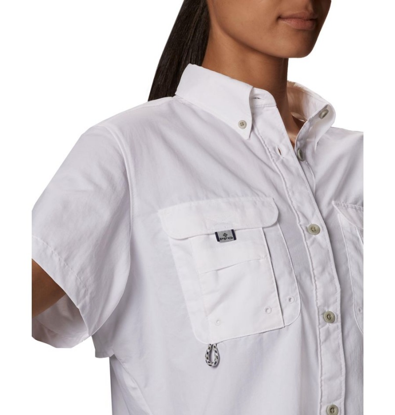 White Women's Columbia PFG Bahama Short Sleeve Shirt | OBEHU-5408