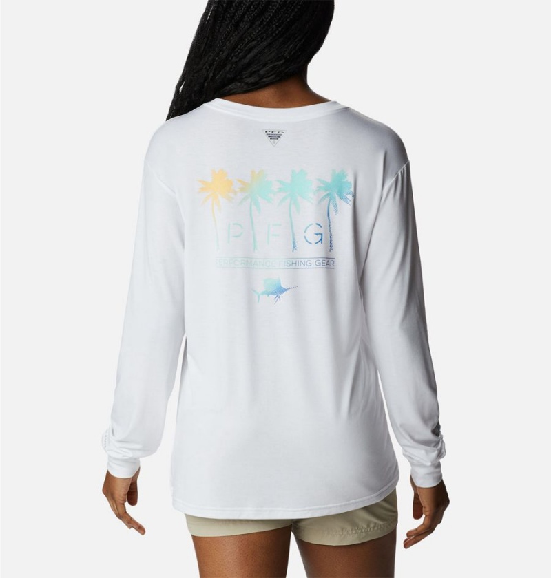 White Women\'s Columbia PFG Slack Water Graphic Long Sleeve T-Shirt | UFVHJ-8217