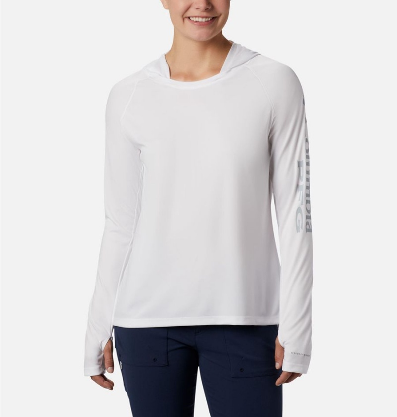 White Women\'s Columbia PFG Tidal Tee Hoodie | GFPUO-4239