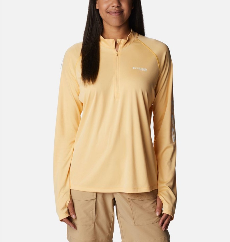 Yellow Women\'s Columbia PFG Tidal Quarter Zip Long Sleeve T-Shirt | SPOWY-8609